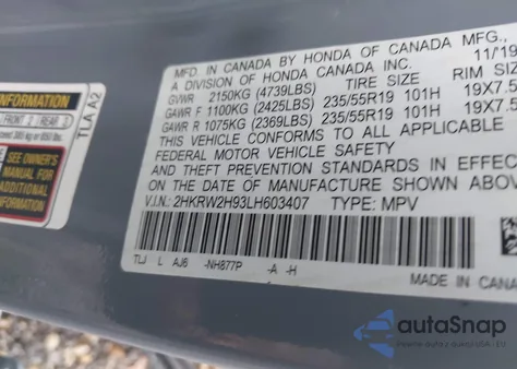 2020 Honda Cr-V Awd Touring z USA, uszkodzony, nr VIN 2HKRW2H93LH603407